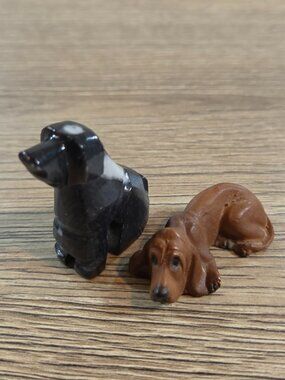 Vintage Miniature Stone & Resin Dog Figurines Hound and Black Lab Puppy Set of 2